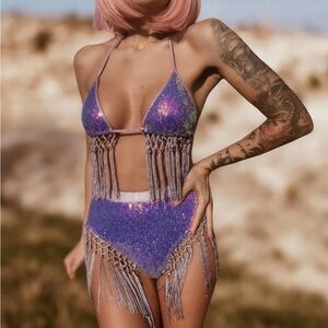 Purple Sequin Fringe Festival Outfit plus new packaged Rainbow hair extensions